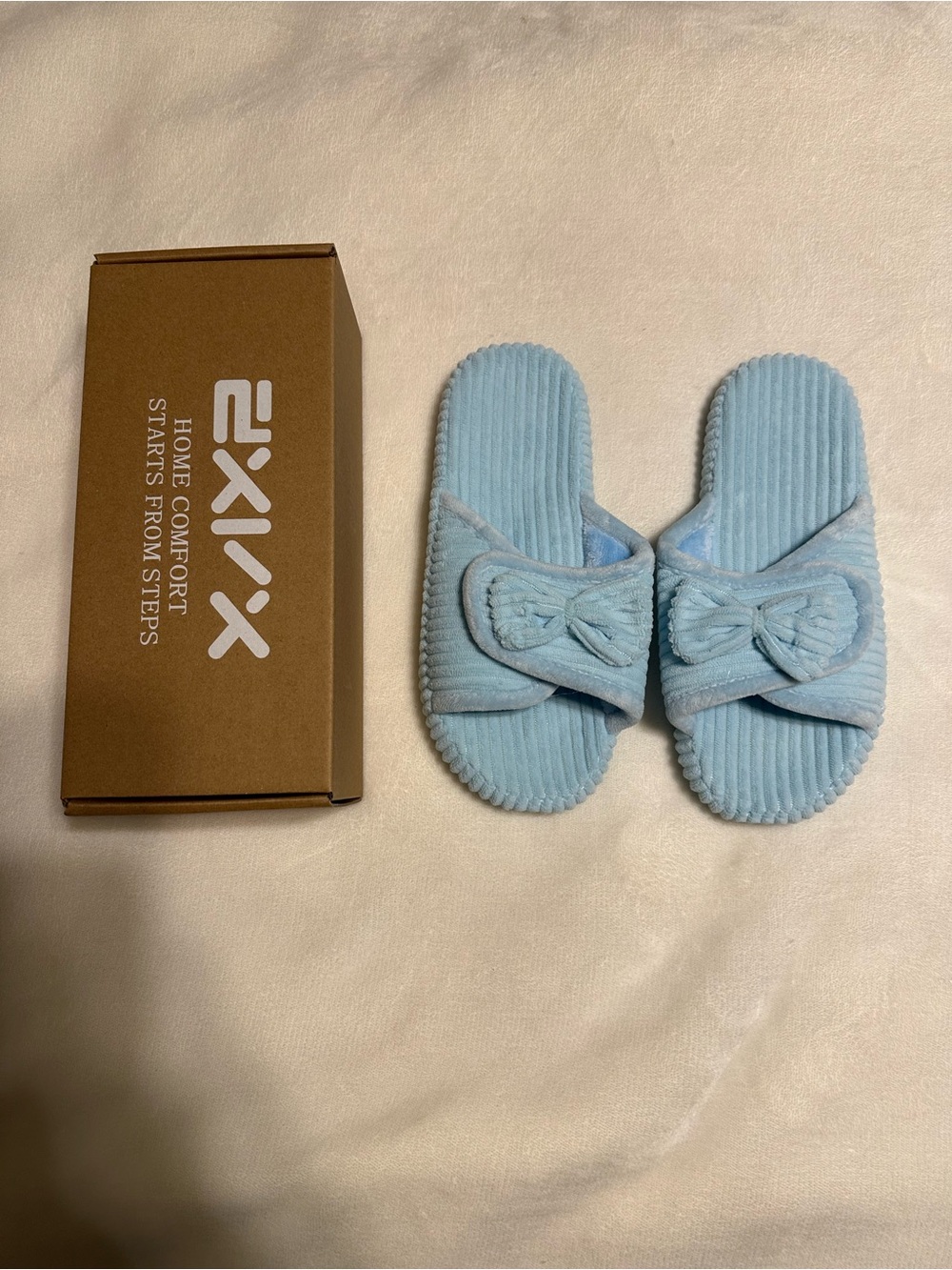 Light Blue Corduroy Bow Slip-On Slippers